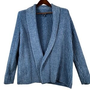 Lands End Womens L Chenille Ribbed Open Cardigan Light Blue Cozy Classic Office